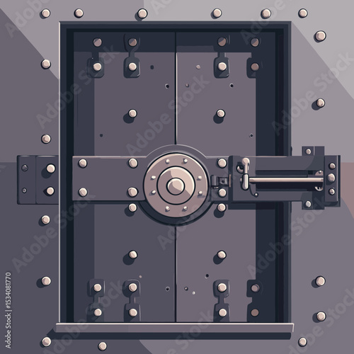 Detailed Illustration of a Heavy Duty Steel Vault Door with Rivets in Pixel Art Style