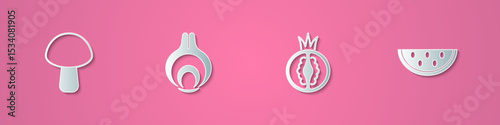 Set paper cut Mushroom, Onion, Tomato and Watermelon icon. Paper art style. Vector