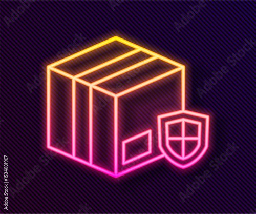 Glowing neon line Delivery security with shield icon isolated on black background. Delivery insurance. Insured cardboard boxes beyond the shield. Vector