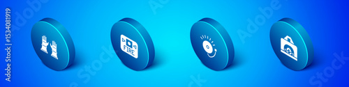 Set Isometric Firefighter gloves, Ringing alarm bell, Interior fireplace and system icon. Vector