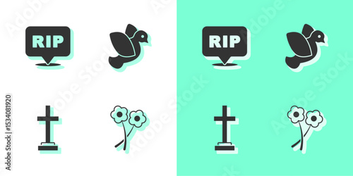 Set Flower, Speech bubble rip death, Grave with cross and Dove icon. Vector