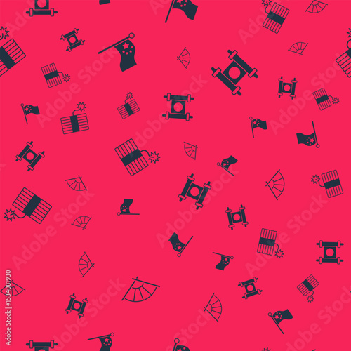 Set Chinese or japanese folding fan, China flag on flagpole, Firework and Decree, paper, parchment, scroll on seamless pattern. Vector