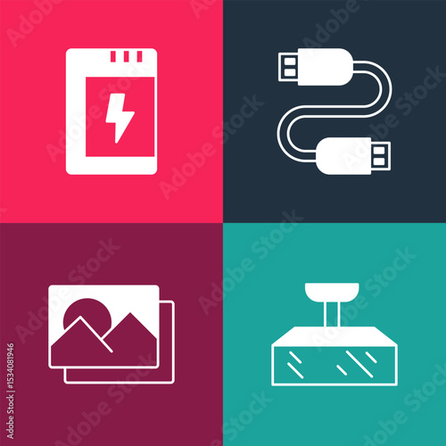 Set pop art Softbox light, Photo frame, USB cable cord and Battery for camera icon. Vector
