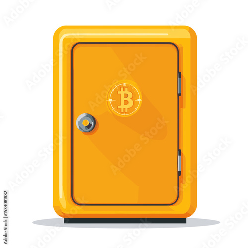 Digital Currency Vault Golden Safety Box Featuring Bitcoin Logo for Secure Crypto Finance and Investment