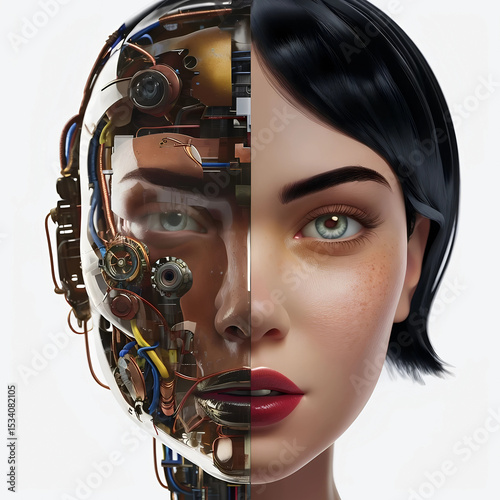 volto di donna diviso a metà tra organico e meccanico, faccia di cyborg, a woman's face split in half between organic and mechanical, cyborg face