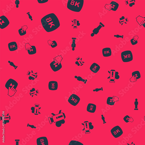 Set Retro cinema camera, 8k Ultra HD, Online play video and Movie trophy on seamless pattern. Vector