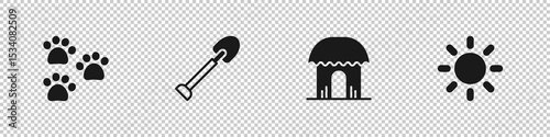Set Paw print, Shovel, African hut and Sun icon. Vector