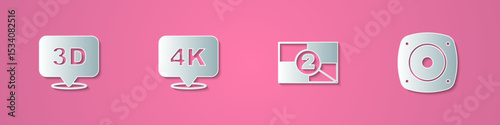 Set paper cut 3D word, 4k Ultra HD, Old film movie countdown frame and Stereo speaker icon. Paper art style. Vector