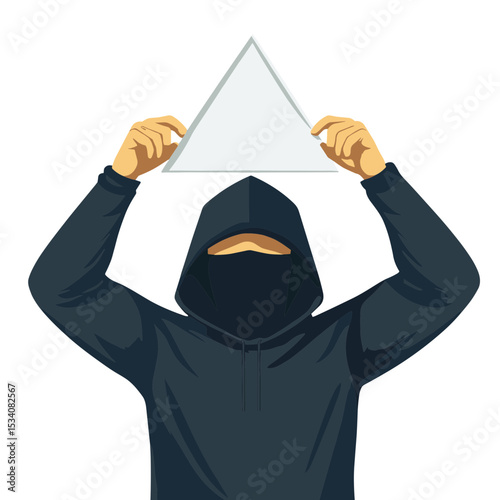 Faceless Person Holding White Triangle Wearing Dark Hoodie with Arms Raised Up Pixel Art Style Vector Illustration