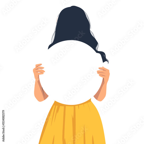 Faceless Woman Holding a Blank White Circle Sign Wearing Yellow Skirt for Advertisement or Promotion on a White Background