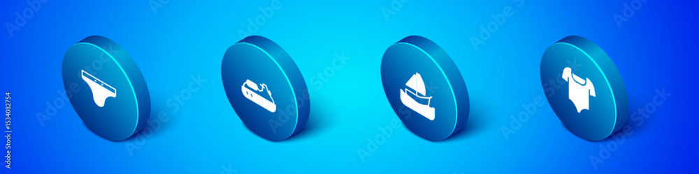 Set Isometric Swimming trunks, Yacht sailboat, Swimsuit and Jet ski icon. Vector Set Isometric Swimming trunks, Yacht sailboat, Swimsuit and Jet ski icon. Vector