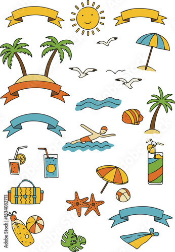 Create a kinds deferent Simple illustration set of summer and sea, decoration, beach, summer vacation, ribbon, travel, tropical, swimming, August, midsummer vector art with white background.