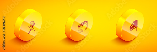 Set Isometric Wooden logs on a stand, Tree stump and Electric jigsaw icon. Vector
