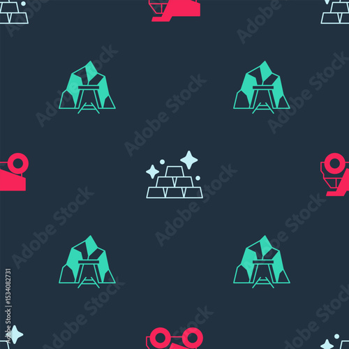 Set Mining dump truck, Gold bars and Mine entrance on seamless pattern. Vector