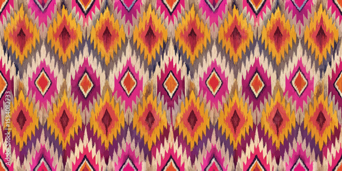 Vibrant geometric pattern in pink, orange, and purple tones.