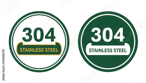 304 Stainless Steel Material Icon Sign in Green and White | Product Label for Durability, Corrosion Resistance, and Food Grade Applications
