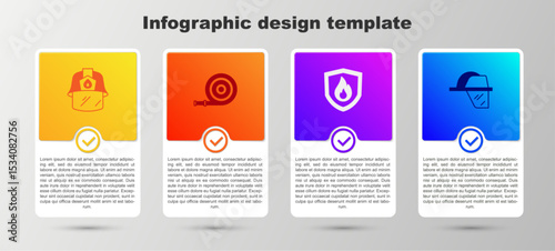 Set Firefighter helmet, hose reel, protection shield and . Business infographic template. Vector