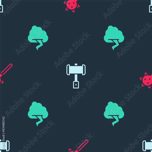 Set Mace with spikes, Battle hammer and Cloud and lightning on seamless pattern. Vector