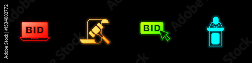 Set Online auction, Auction hammer, Bid and auctioneer sells icon. Vector