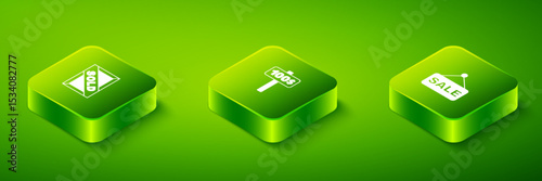 Set Isometric Hand holding auction paddle, Price tag with Sale and Auction painting sold icon. Vector
