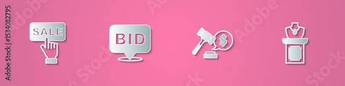 Set paper cut Price tag with Sale, Bid, Auction hammer price and jewelry sale icon. Paper art style. Vector