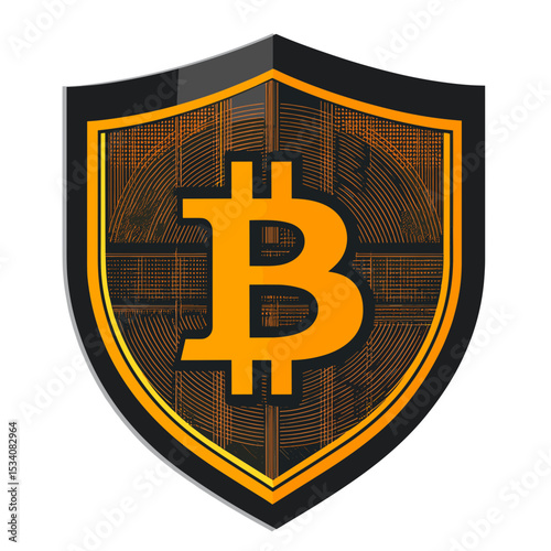 Gold Bitcoin Symbol on Black Shield with Intricate Circuitry Pattern for Finance and Secure Digital Currency on White Background