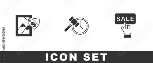 Set Auction painting, hammer and Price tag with Sale icon. Vector