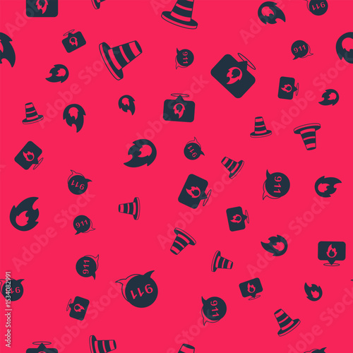 Set Emergency call 911, Traffic cone, Fire flame and Location with fire on seamless pattern. Vector