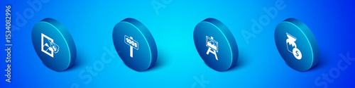 Set Isometric Auction painting, ancient vase and Hand holding auction paddle icon. Vector