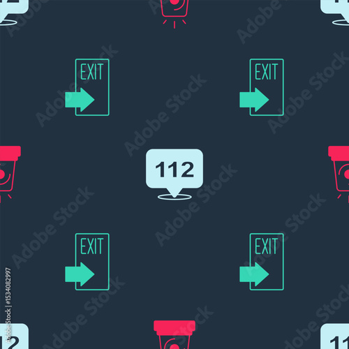 Set Flasher siren, Emergency call and Fire exit on seamless pattern. Vector