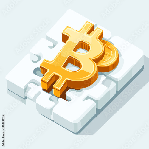 Golden Bitcoin Symbol on Interlocking White Puzzle Pieces Concept Illustration of Digital Currency Cryptocurrency Block Chain Technology and Financial Market