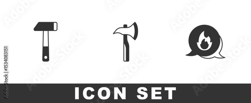 Set Hammer, Firefighter axe and Emergency call icon. Vector