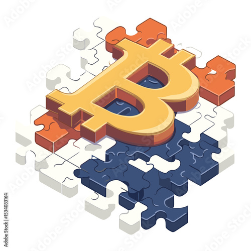 Golden Bitcoin Symbol on Jigsaw Puzzle Illustration Depicting Digital Currency Investment Technology with White Blue and Orange Pieces