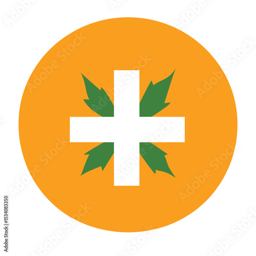 Abstract Circle with Green Leaf Plus Symbol on an Orange Background Decorative Flat Design
