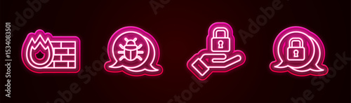 Set line Firewall, security wall, System bug, Lock in hand and Cyber. Glowing neon icon. Vector
