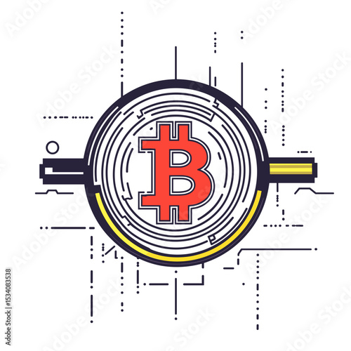 Abstract Geometric Bitcoin Symbol in Red and Yellow over White Background Representing Digital Currency and Blockchain Technology