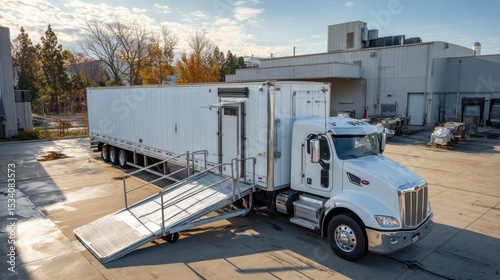 Large white trailer in delivery zone, loading ramp extended 