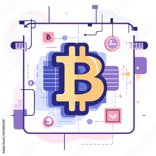 Abstract Golden Bitcoin Symbol on Circuit Board with Fintech Concept on White Background