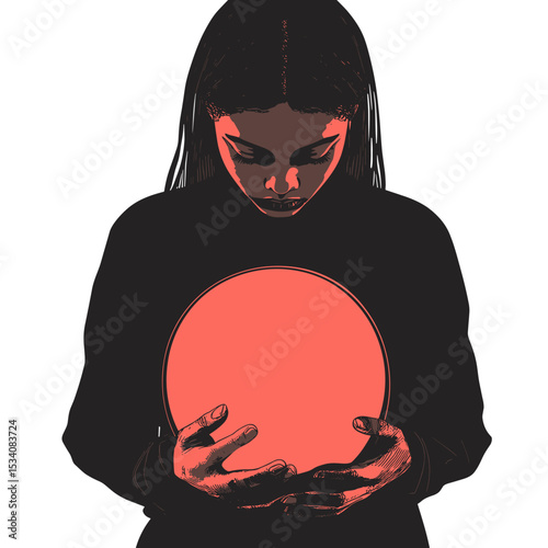 Abstract Portrait of a Young Woman Holding a Glowing Red Orb in Her Hands Over a White Background Digital Art