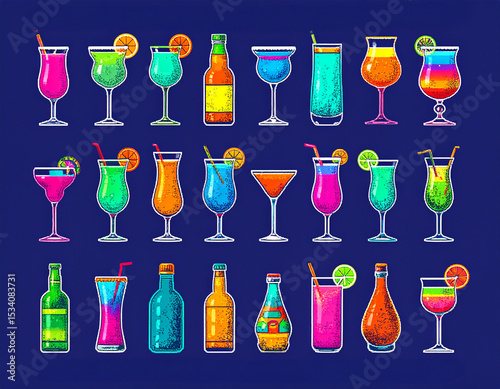 Kieliszki z kolorowymi drinkami na granatowym tle photo