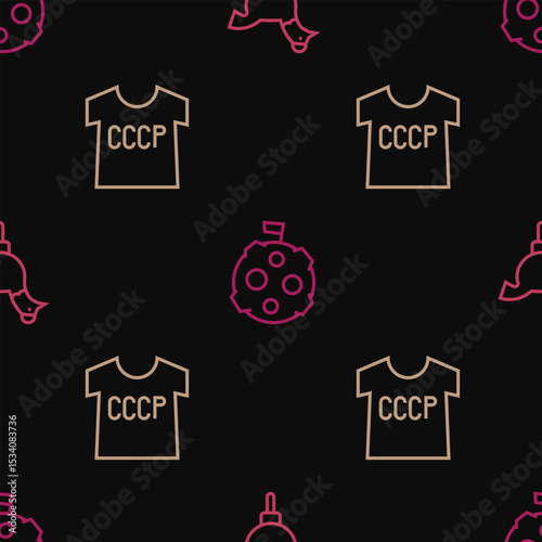Set line Cockerel lollipop, USSR t-shirt and Moon with flag on seamless pattern. Vector