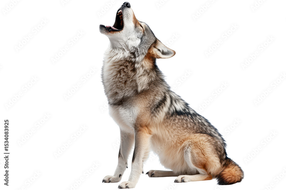 Fototapeta premium Wolf howling in a quiet moment on an isolated background, capturing the spirit of the wild and the essence of nature's beauty