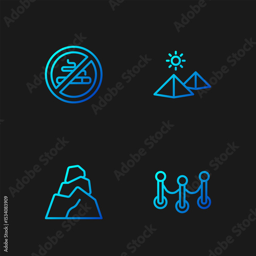 Set line Rope barrier, Rock stones, No Smoking and Egypt pyramids. Gradient color icons. Vector