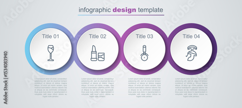 Set line Wine glass, Lipstick, Pizza knife and Roman army helmet. Business infographic template. Vector