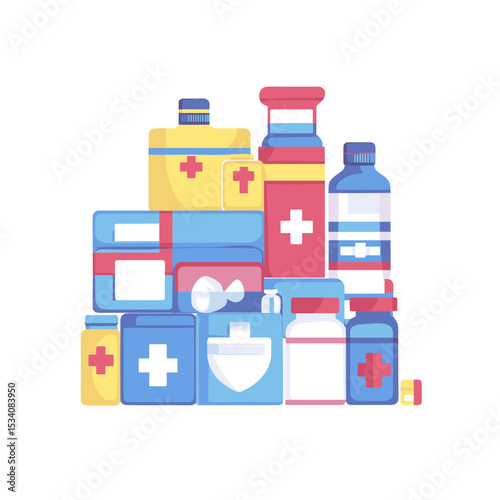 Assorted Medicine Bottles and Pill Containers in Blue Red and Yellow Stacked Against White Background