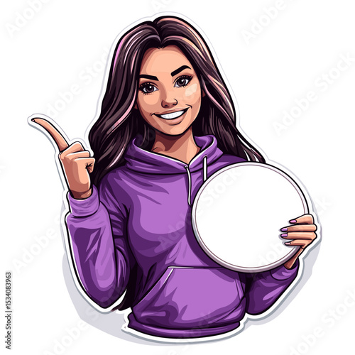 Animated Young Woman with Brunette Hair in Purple Hoodie Presenting Circular Mockup on a White Background