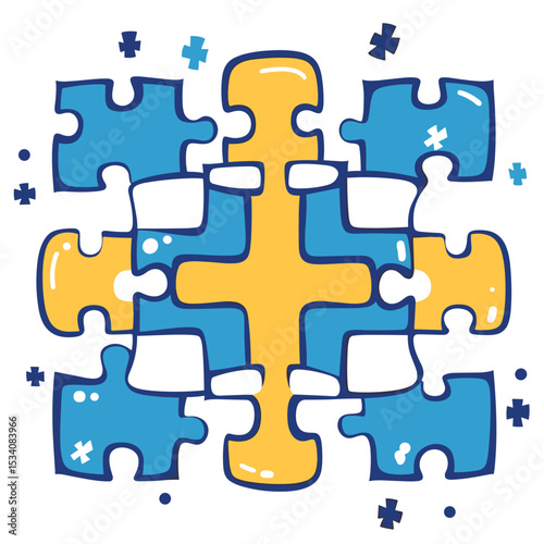 Arrangement of Interlocking Puzzle Pieces in Blue and Yellow Color Scheme on White Background Representing Connection Strategy and Problem Solving