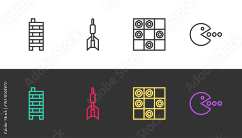 Set line Mahjong pieces, Dart arrow, Board game of checkers and Pacman with eat on black and white. Vector