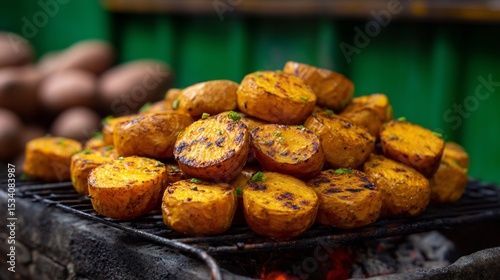 Vietnamese roasted sweet potatoes khoai lang nuong charcoal grill street vendor style near market with green background top down view photo