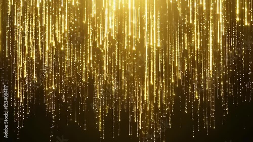 Golden glittering rainfall with shimmering light beams in motion. Abstract festive background